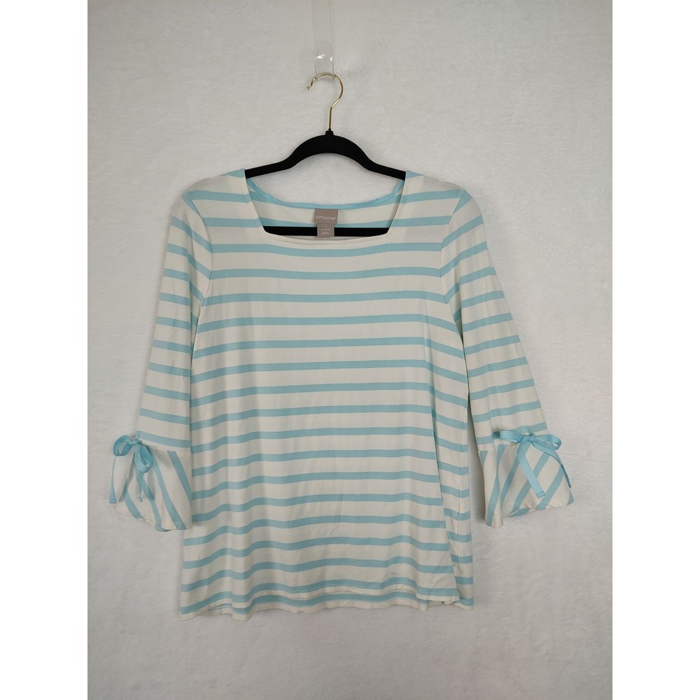 Chico's Striped Top Bow Sleeve Square Neck 3/4 Sleeve Blouse Size 1 Medium